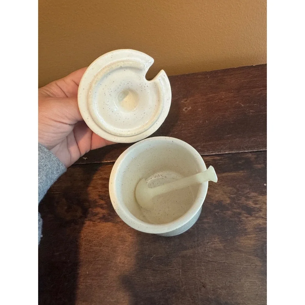 McCoy Speckled‎ Relish Mustard Jar with Lid & Spoon Blue White Farmhouse Decor